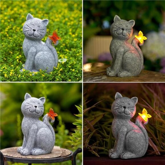 Nacome Solar Cat Outdoor Statues for Garden: Outside Decor with Butterfly - Picture 6 of 7